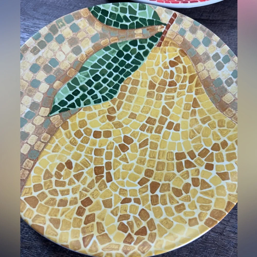 Pier One mosaic fruit plates‎ stoneware 8” apple pear plum orange